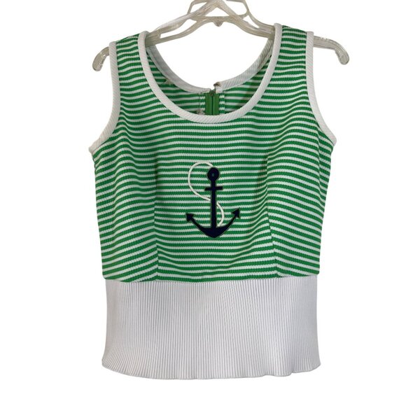 1960s 1970s Vintage Nautical with Anchor Green White Crop Top Ayres Unlimited - Picture 1 of 6